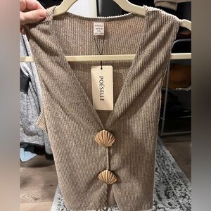 Women's Tan Ribbed Tank Top Vest with Shell buttons